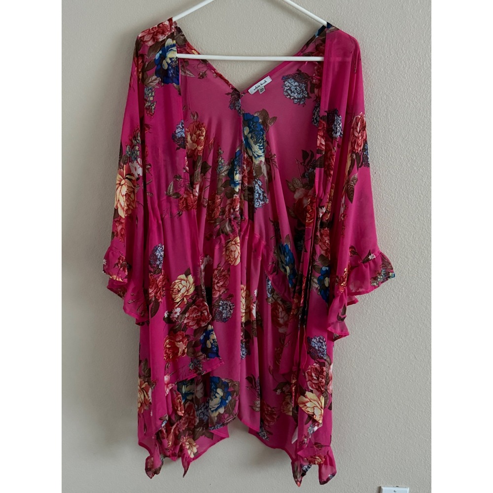 White Birch Bright Pink Floral Kimono Wrap Ruffle Chiffon Cardigan Ruffles S/M‎